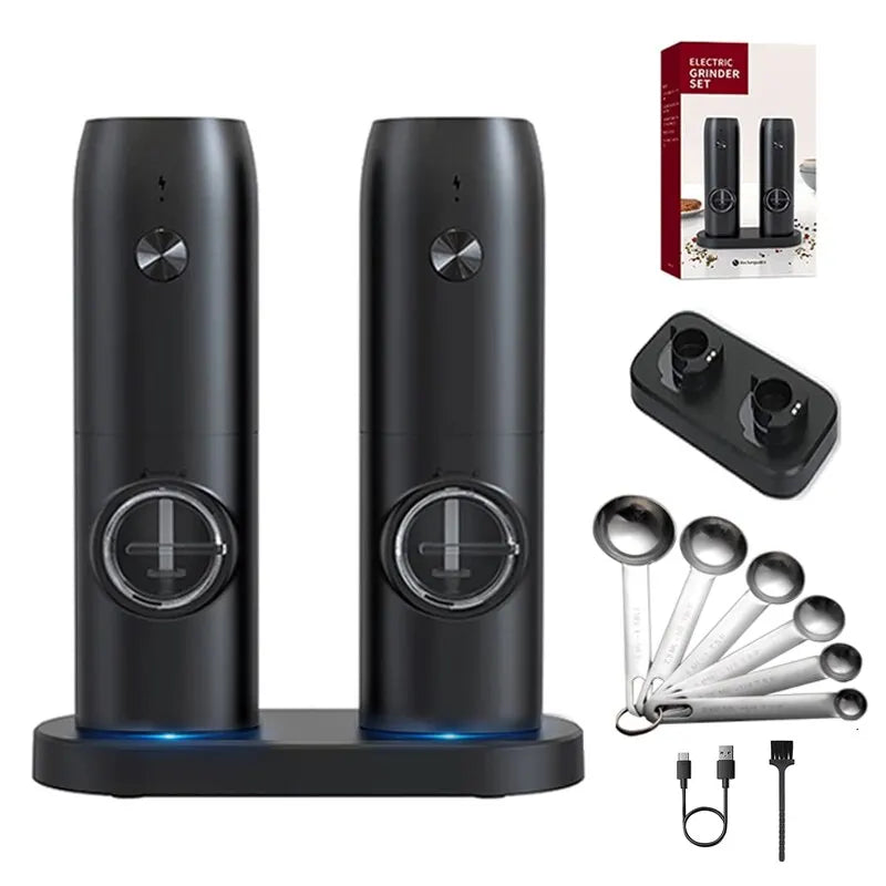 Electric Salt and Pepper Grinder Set with Charging Base and LED Light Adjustable Coarseness Automatic Spice Herb Mill