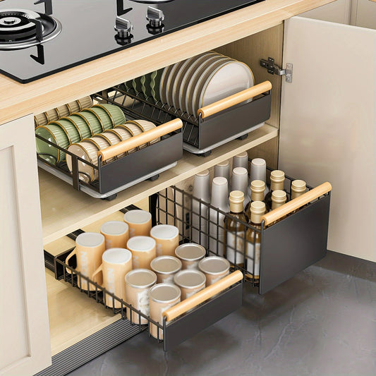 KIXOT Pull Out Organizer, Pull-out Dish Rack With Wooden Handle And Drain Tray, Multifunctional Single Layer Dish Drying Rack